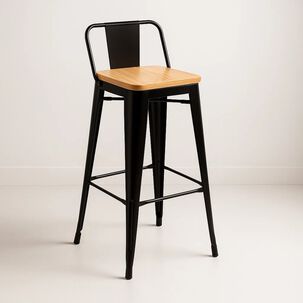 Taburete Tolix Negro Alto Con Respaldo Para Bar O Terraza - Asiento De Madera Clara