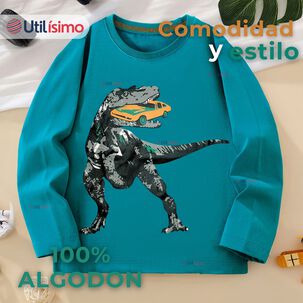 Polera Manga Larga Ni&ntilde;o 100% Algod&oacute;n Dinosaurio Verde Camiseta
