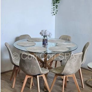 Comedor Warwick 120cm + 6 Sillas Capitonne Ecocuero Vintage Beige