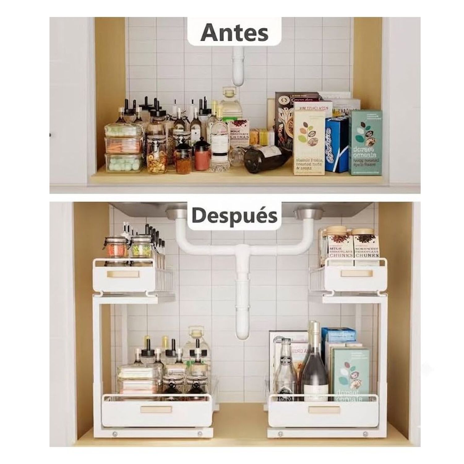 Organizador 2 Niveles Cajones Deslizantes Cocina Ba&ntilde;o Despensa Blanco image number 2.0