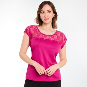 Polera Lisa Aplicaci&oacute;n Lace En Hombros Manga Corta Cuello Redondo Mujer Lesage
