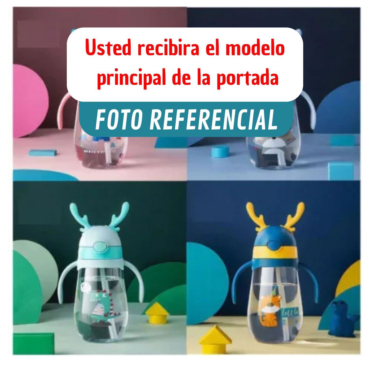 Botella Pl&aacute;stica 480 Ml Con Bombilla Y Orejitas Kawai Sin Bpa Ni&ntilde;os Dinosaur With Handles image number 3.0