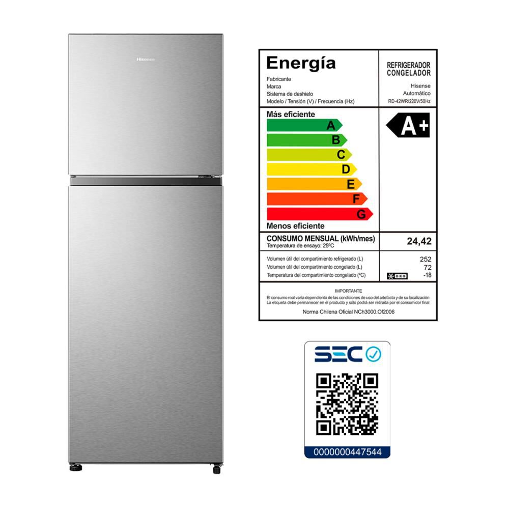 Refrigerador Top Freezer Hisense RD-42WR / Frío Directo / 324 Litros / A+ image number 4.0