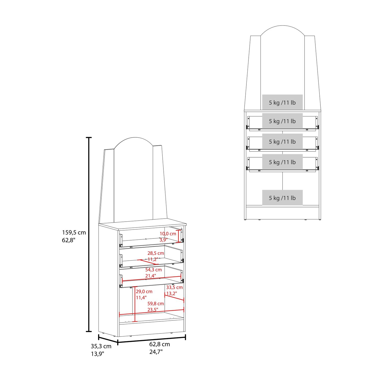 Comoda Con Espejo 159.5x62.8x35.3 Cm 3 Cajones 1 Puerta image number 7.0