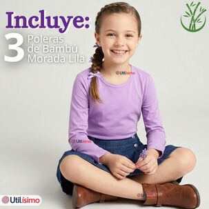 Pack 3 Camisetas Poleras Bamb&uacute; Cuello Redondo Lila Primera Capa Manga Larga Ni&ntilde;a