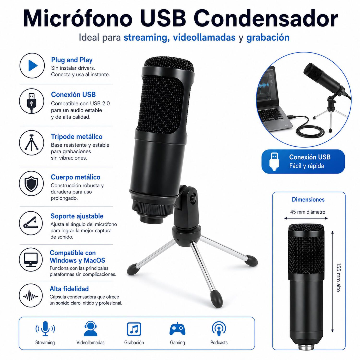 Micr&oacute;fono Streaming Usb Condensador De Estudio C/ Tr&iacute;pode image number 7.0