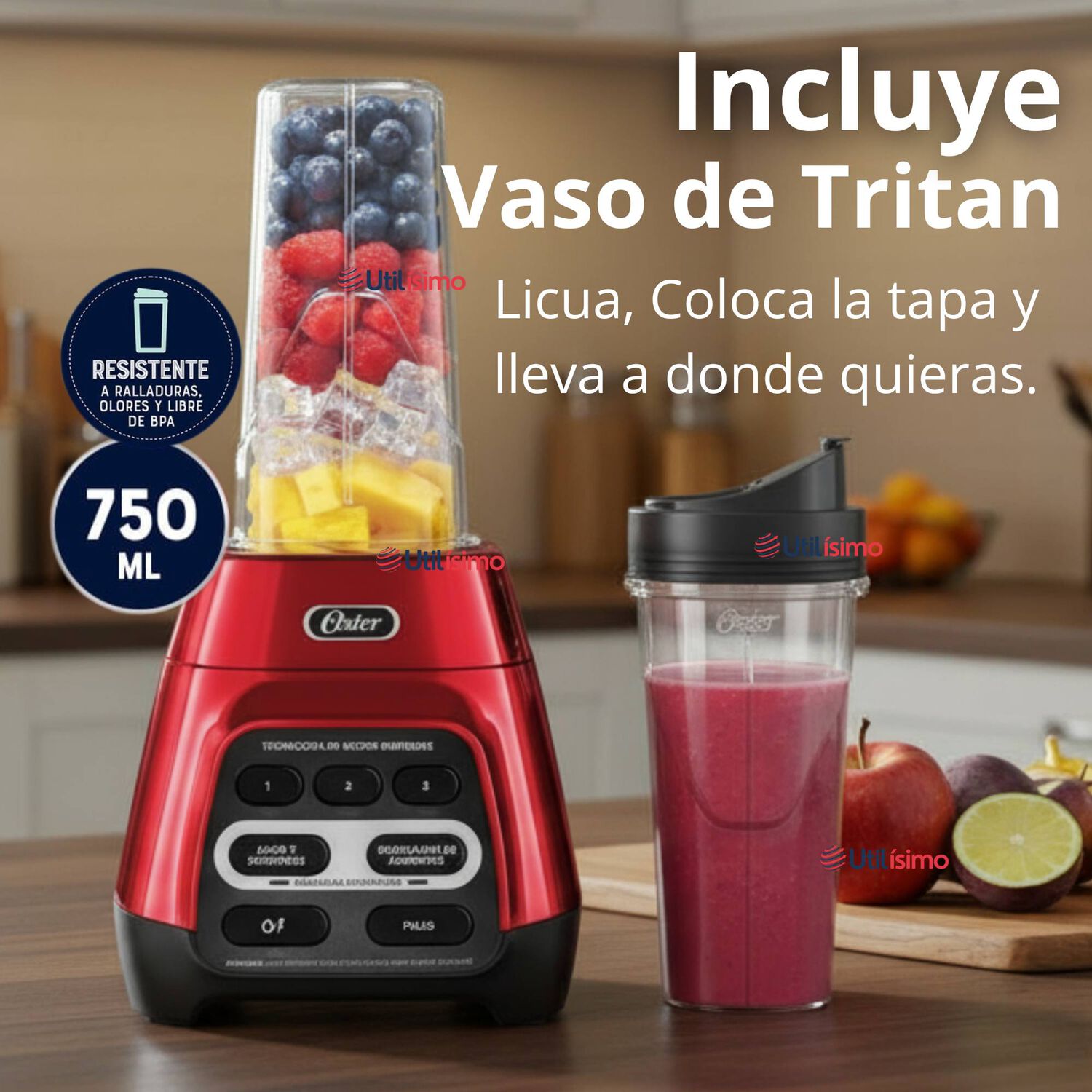 Licuadora Oster Roja Con Programas Autom&aacute;ticos, Tecnolog&iacute;a Reversible Y Vaso Blend-n-go Blstpyg1310rbg image number 1.0