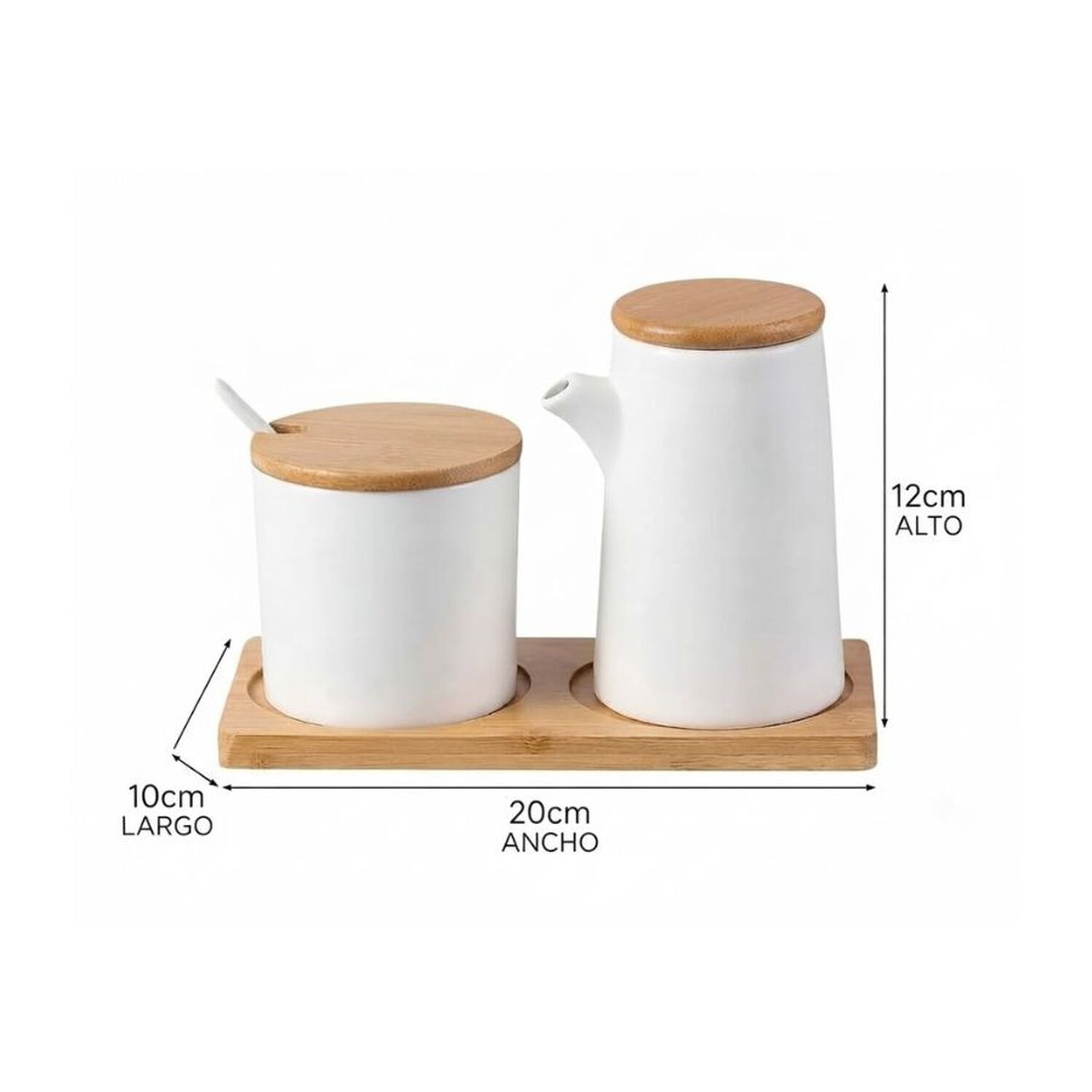 Set 2 Condimenteros Cer&aacute;mica Blanca Tapa Bamb&uacute; Bandeja Cocina image number 4.0