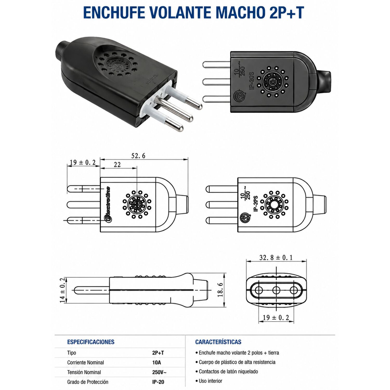 Pack 5 Enchufe Macho Volante 2p+t 10a 250v Certificado image number 2.0