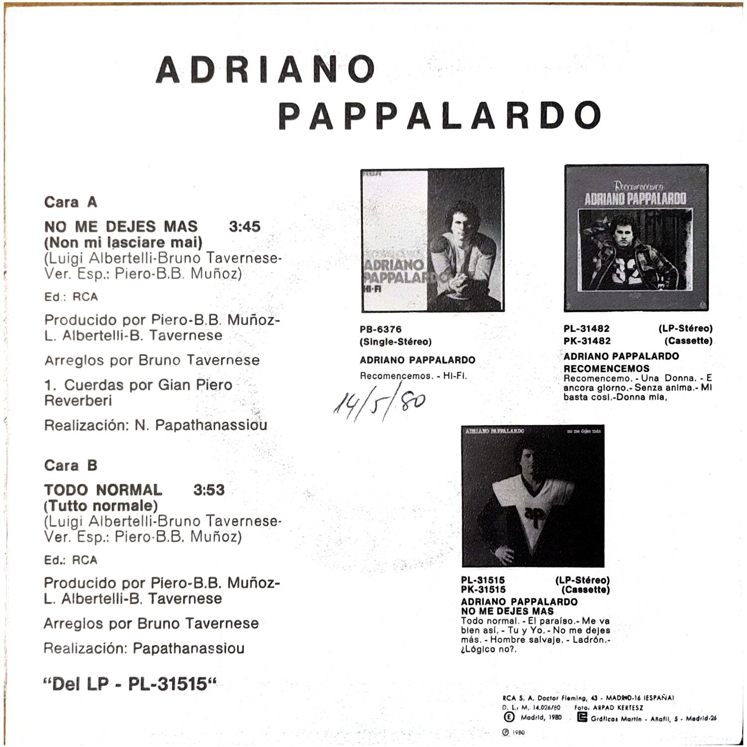 Adriano Pappalardo - No Me Dejes Mas | 7" Single Vinilo Usado image number 1.0