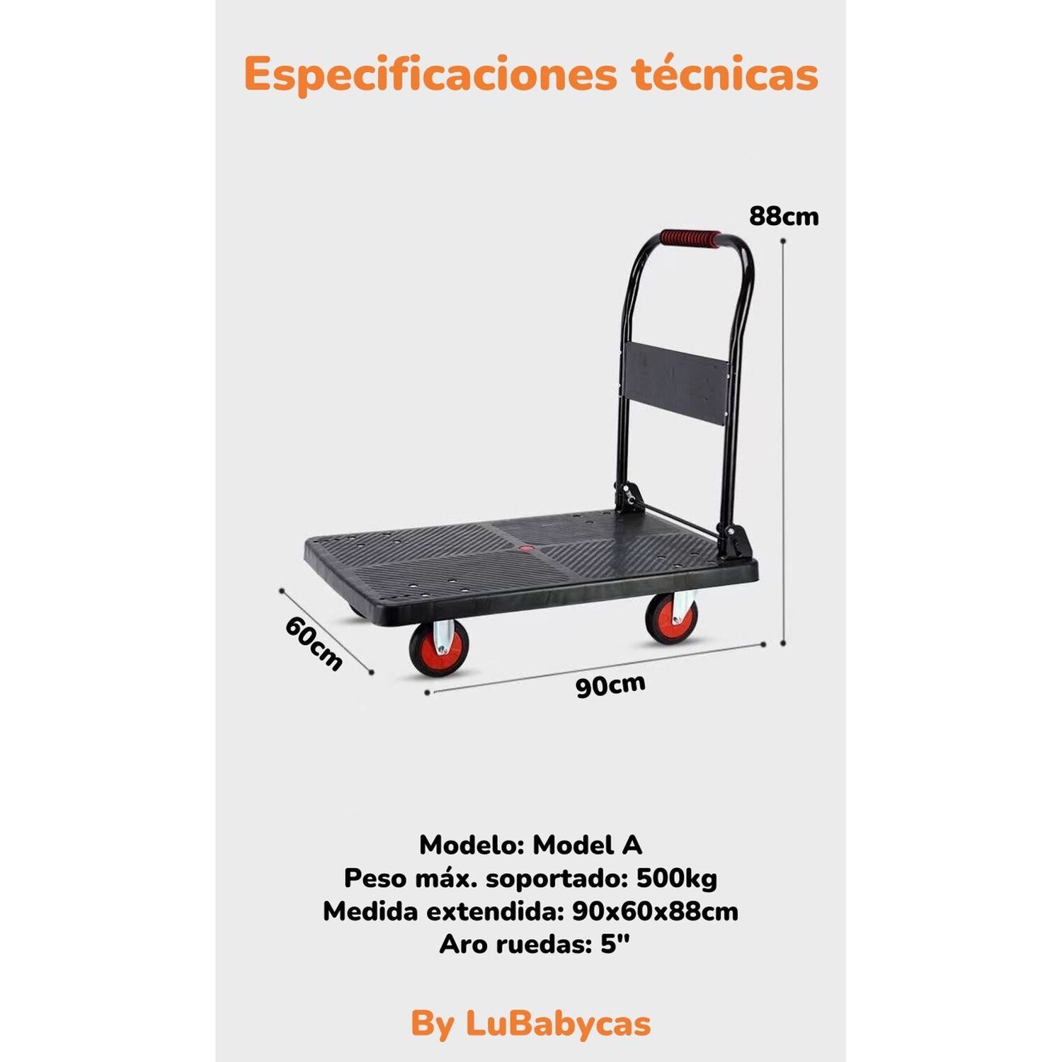 Carro De Carga Plegable Plataforma 500kg 90x60cm Lubabycas image number 15.0