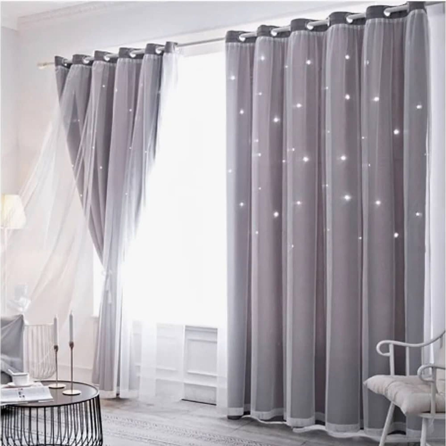 Cortinas Tela+visillo Estrella Hueca 150cm X 240cm (2 Pa&ntilde;os) Gris image number 0.0