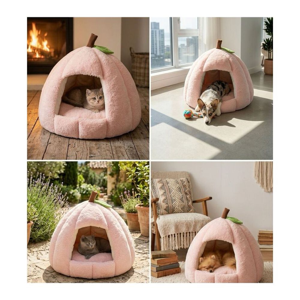 Cama Tipo Cueva Igl&uacute; Para Mascotas Perro Gato Felpa Suave Rosa image number 1.0