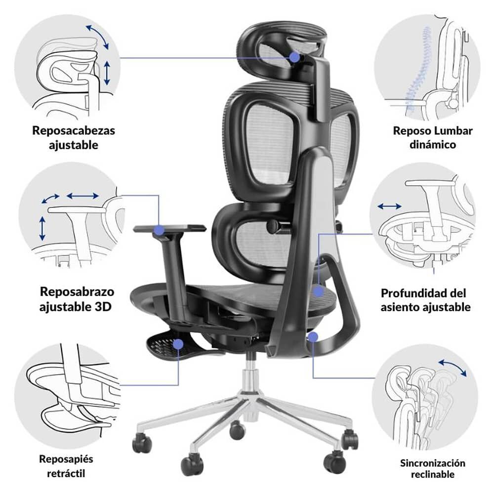 Silla Oficina &Eacute;lite Ergon&oacute;mica Soporte Lumbar Cervical Ajustable image number 5.0