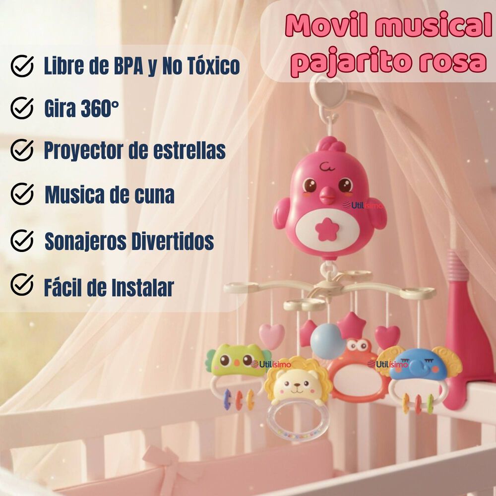 M&oacute;vil Giratorio Musical Proyector Beb&eacute; Ni&ntilde;a Rosado image number 1.0