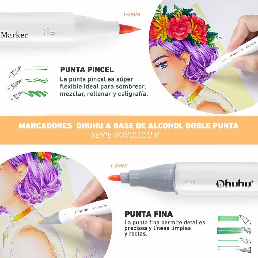 Ohuhu 104 Marcadores De Alcohol + 1 Blender. Pincel&fina image number 2.0