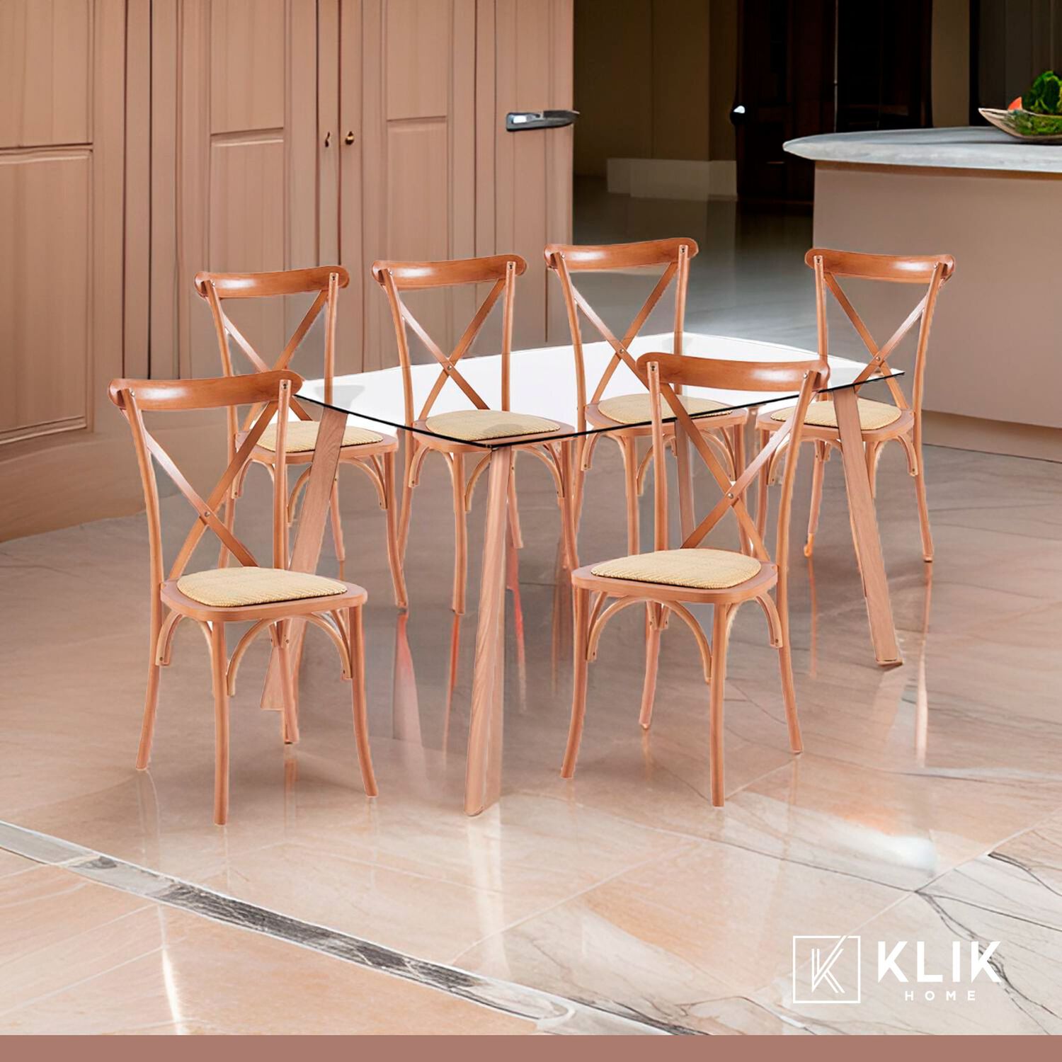 Comedor Mesa De Vidrio N&oacute;rdica 140x90 Cm + 6 Sillas Crossback Madera image number 1.0