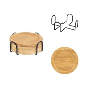 Set 5 Posavasos De Bamb&uacute; Redondos Con Soporte Met&aacute;lico