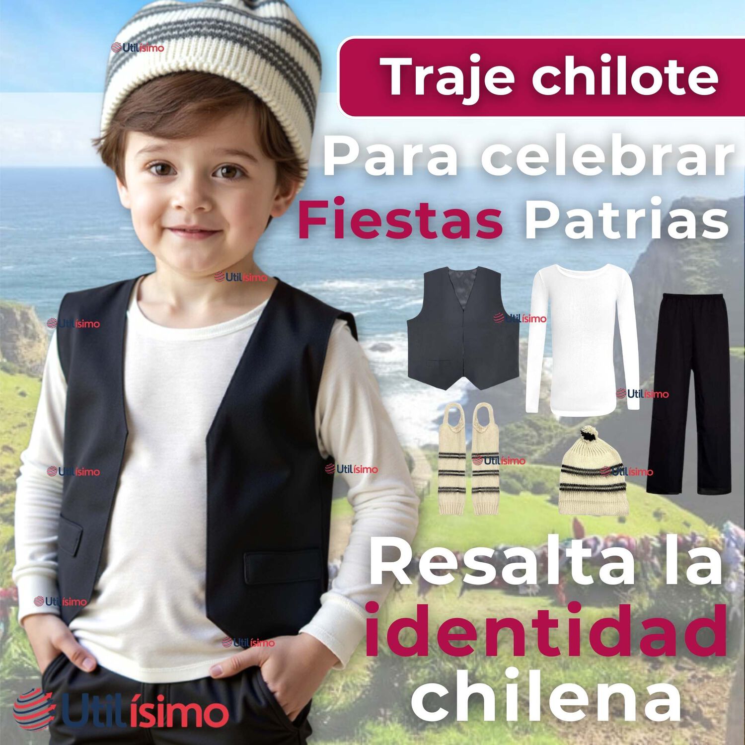 Traje Chilote Ni&ntilde;o + Polera Fiestas Patrias Chile 2 A 4 A&ntilde;o image number 2.0