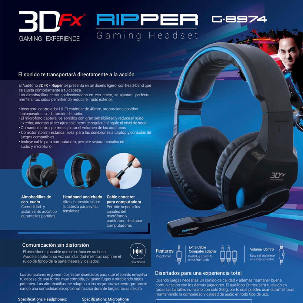 Aud&iacute;fonos Gamer Al&aacute;mbricos 3dfx Ripper Mlab Color Azul image number 4.0