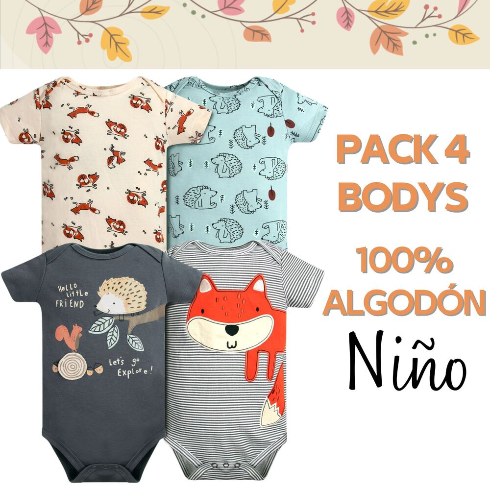 Pack 4 Bodys Niño Manga Corta Tedmimak 100% Algodón Animales Infantiles image number 4.0