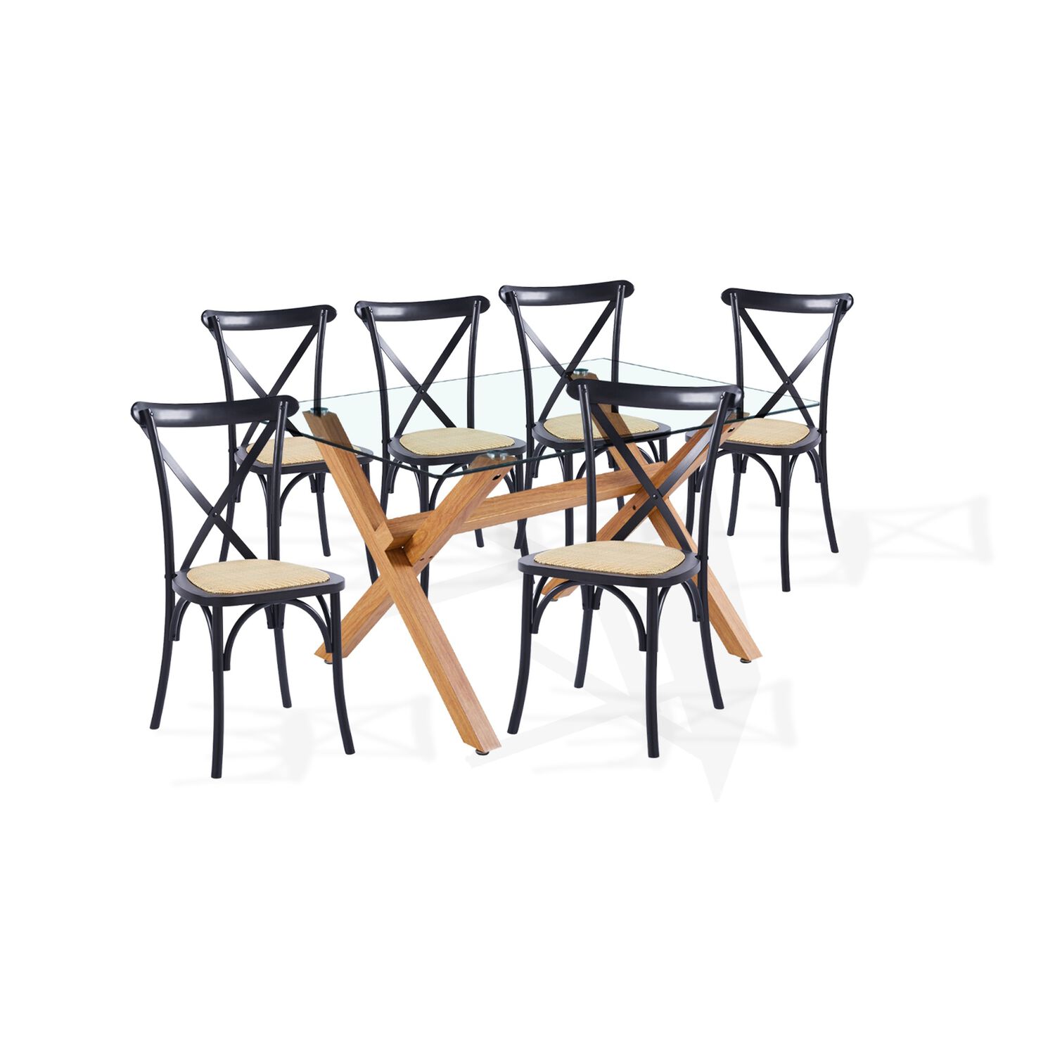 Comedor Mesa De Vidrio Cross 140x90 + 6 Sillas Crossback Madera Negras image number 0.0