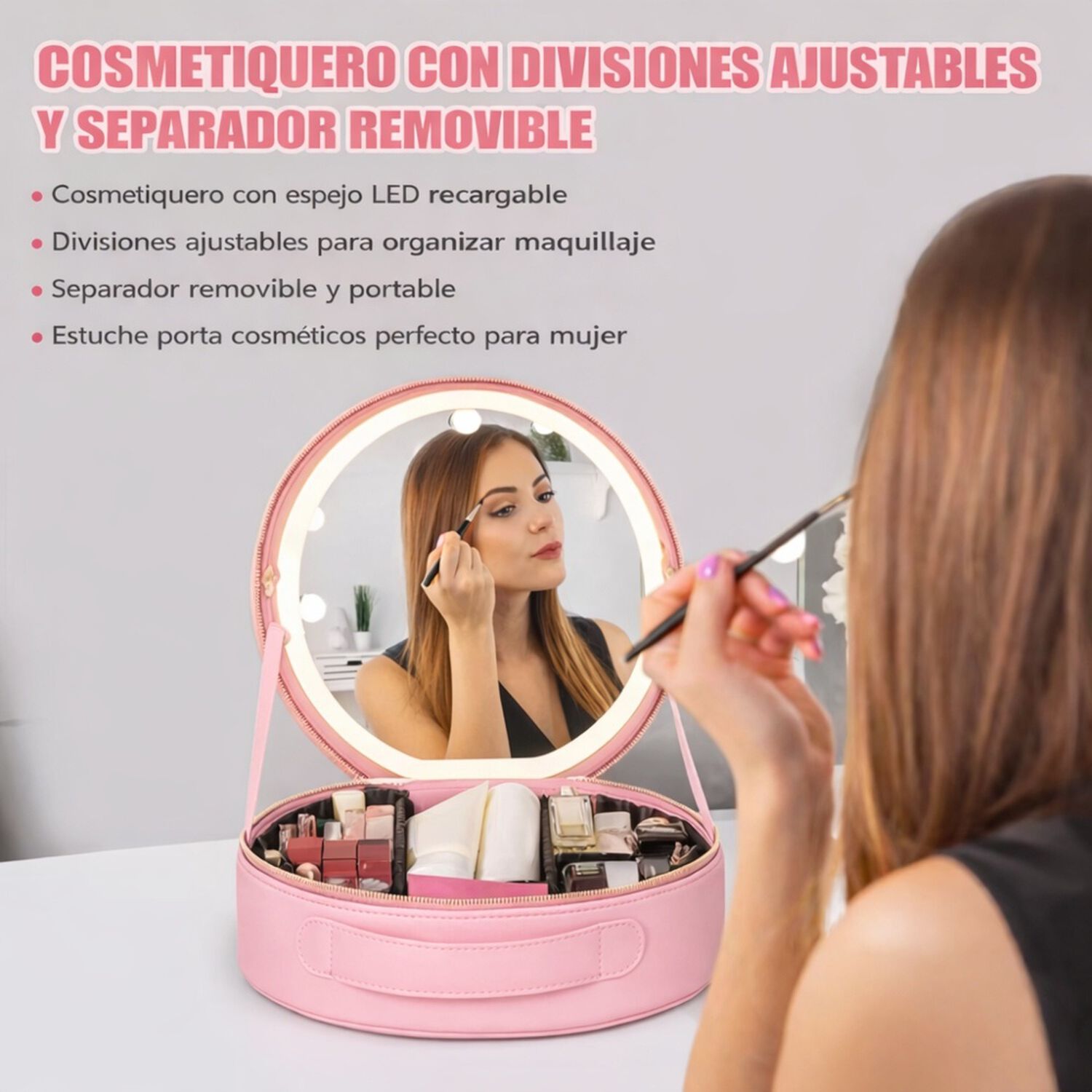Estuche De Maquillaje Cosmetiquero Espejo Led Porta Brochas image number 12.0