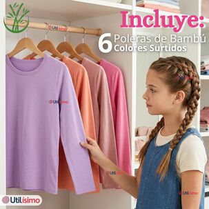 Pack 6 Camisetas Poleras Bamb&uacute; Cuello Redondo Primera Capa Manga Larga Colores Surtido Ni&ntilde;a