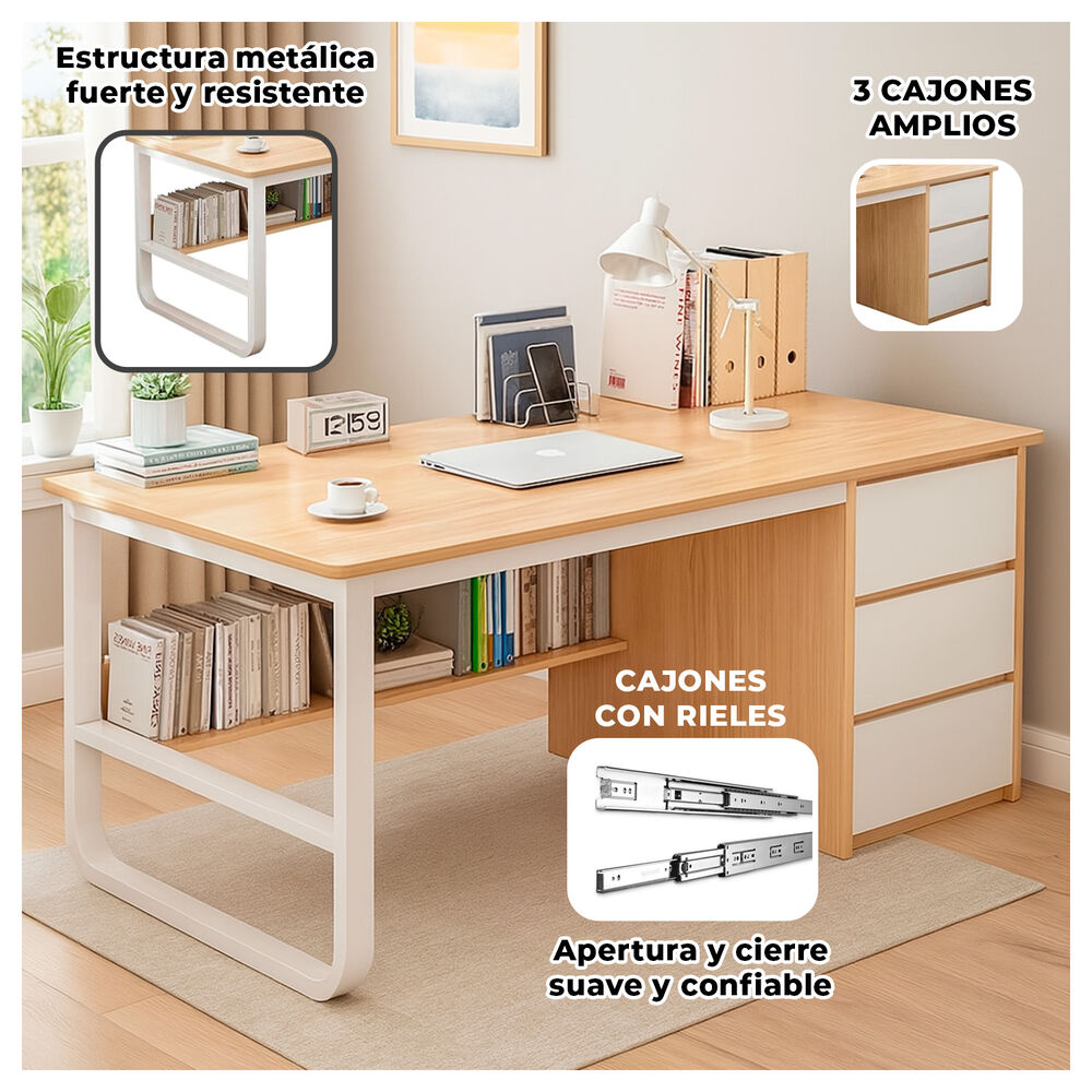 Escritorio Con 3 Cajones Y Estante Librero Madera Blanco Oficina image number 1.0