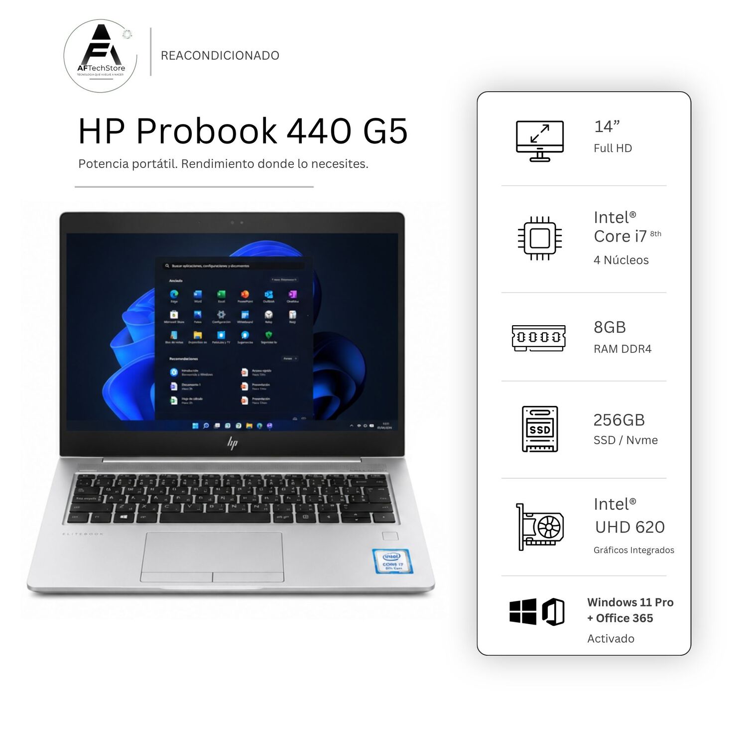 Notebook Hp 440 G5 I7 8th 8gb 256gb - Win11 Office - Reacondicionado Profesional