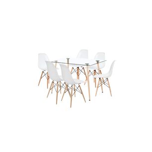 Comedor Mesa De Vidrio Rectangular 120x80 + 6 Sillas Eames Blancas