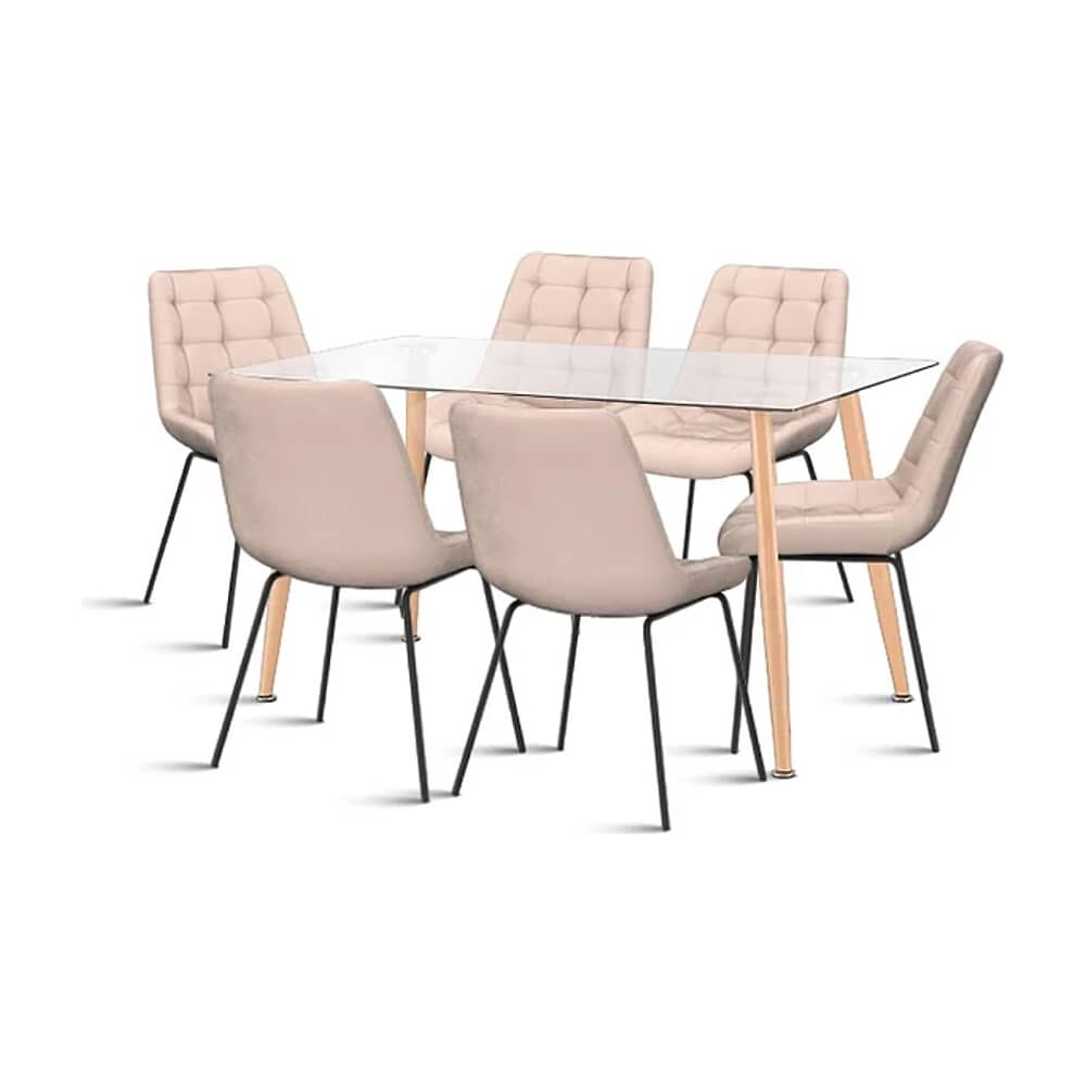 Comedor Mesa Vidrio Rectangular 120x80 + 6 Silla Macron Terciopelo - Beige image number 0.0