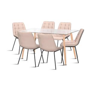 Comedor Mesa Vidrio Rectangular 120x80 + 6 Silla Macron Terciopelo - Beige