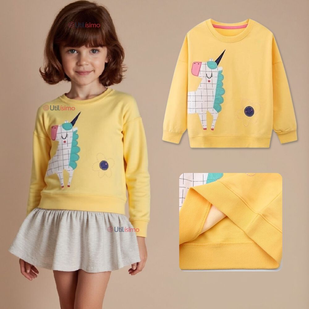 Polerón Niña Manga Larga 100% Algodón Amarillo Unicornio image number 0.0