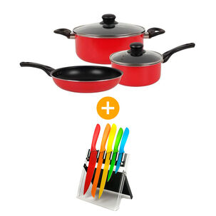 Batería De Cocina Casaideal Rojo / 5 Piezas + Set De Cuchillos + Atril / 6 Piezas