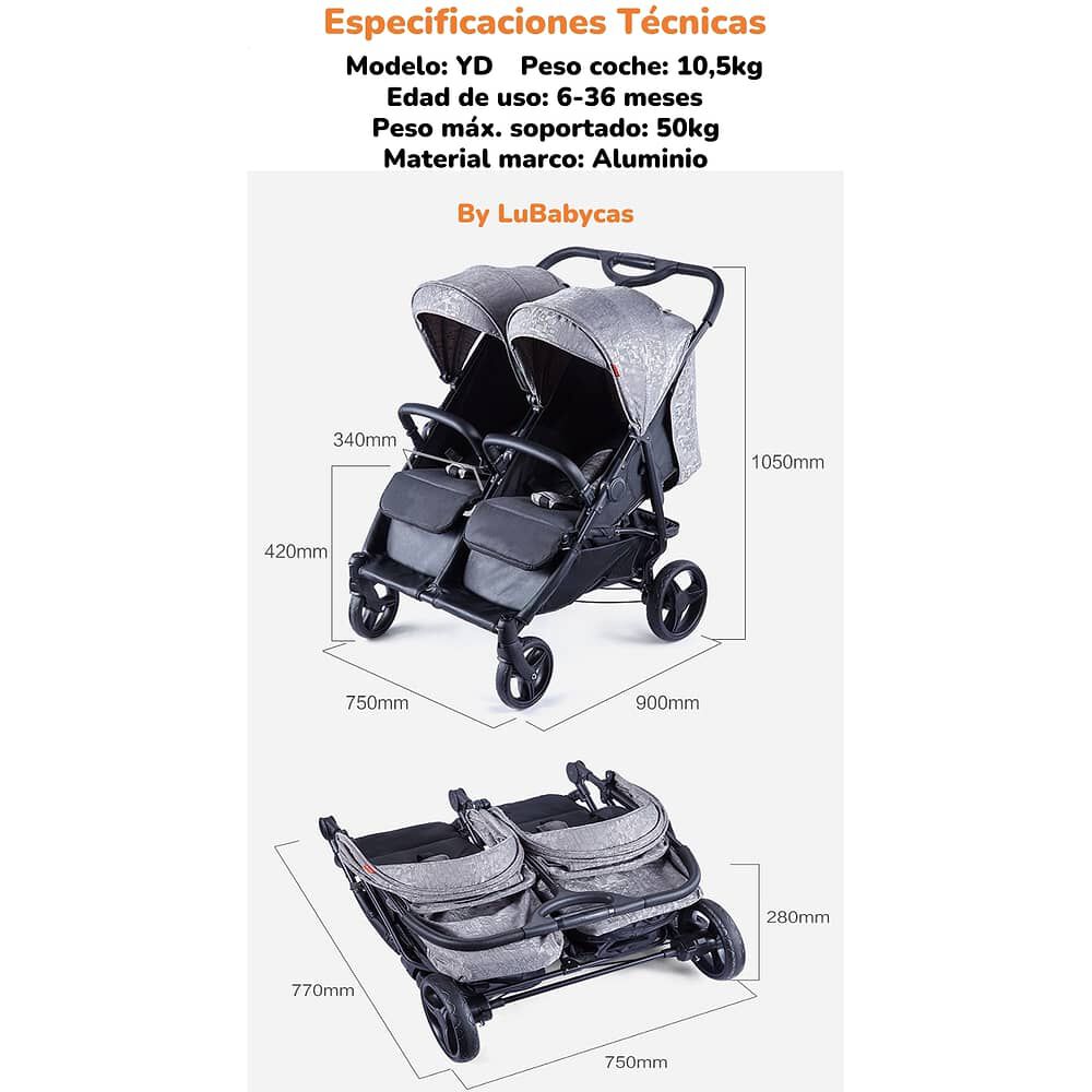 Coche Doble De Paseo Marco Aluminio Liviano Gris Lubabycas image number 2.0