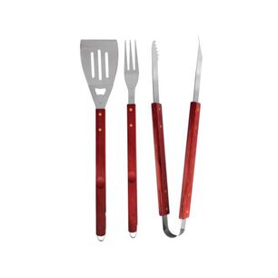 Set Asado Parrilla 3 Piezas Acero Inoxidable Mango Madera