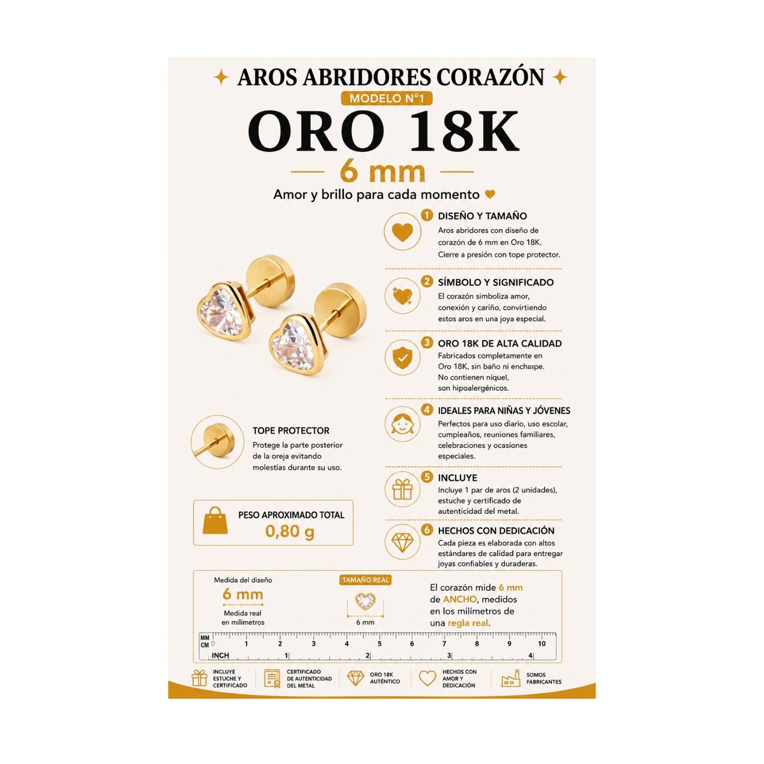 Aros Abridores Coraz&oacute;n 6mm Oro 18k Tope A Presi&oacute;n Ni&ntilde;as Jovenes image number 7.0