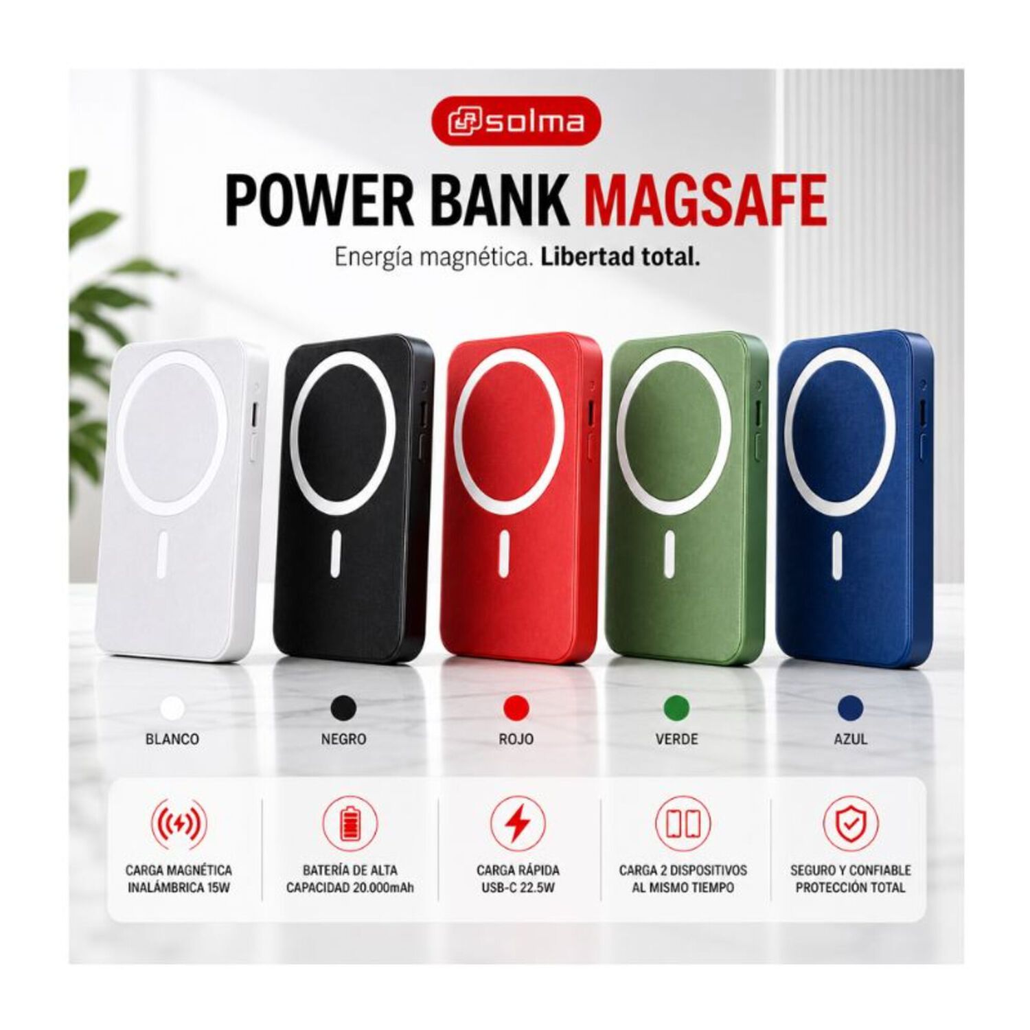 Cargador Inal&aacute;mbrico 20000 Mah Magn&eacute;tico Color Variado Solma image number 2.0