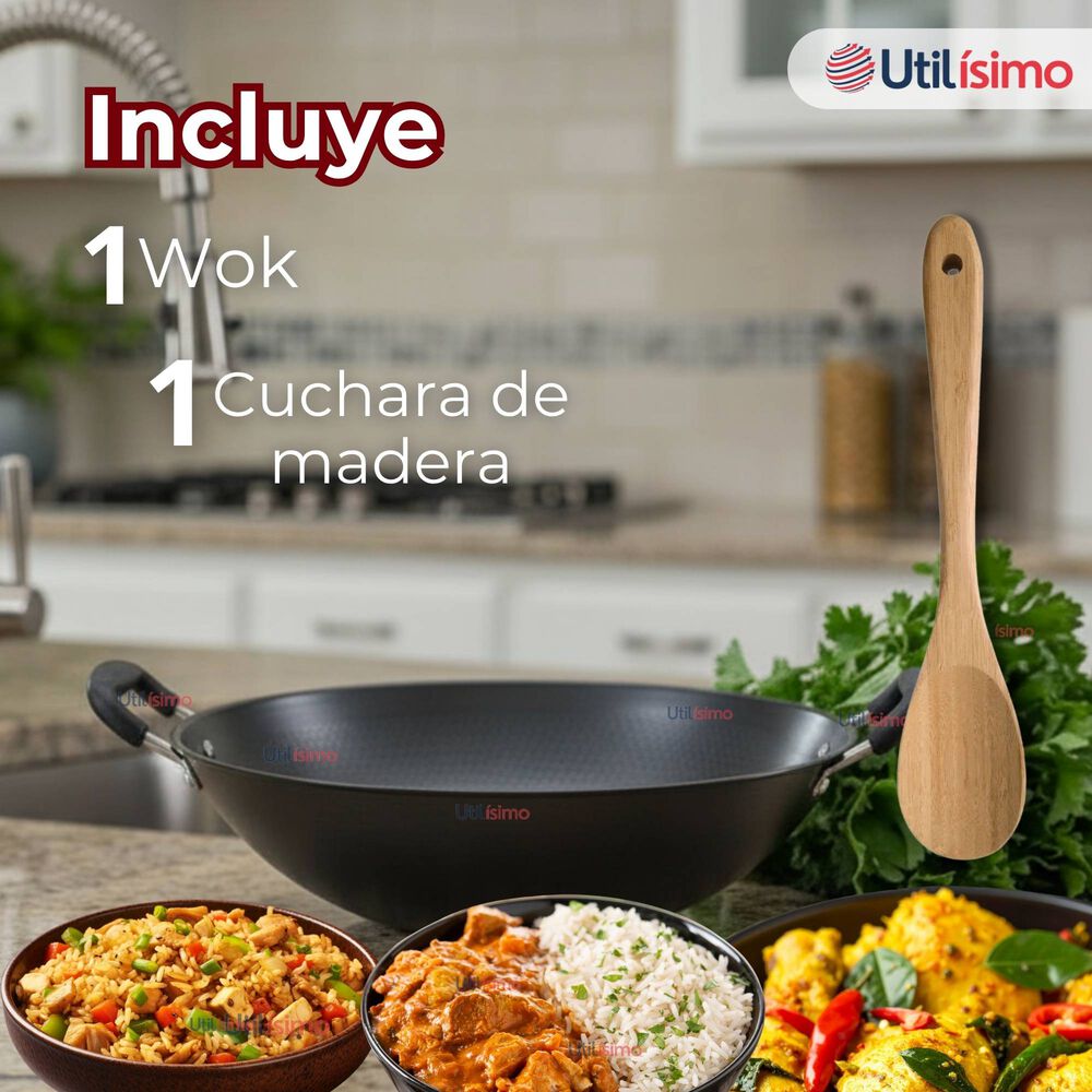 Wok Chino Acero Inoxidable Antiadherente 34cm+ Cuchara De Madera De Bambú image number 1.0