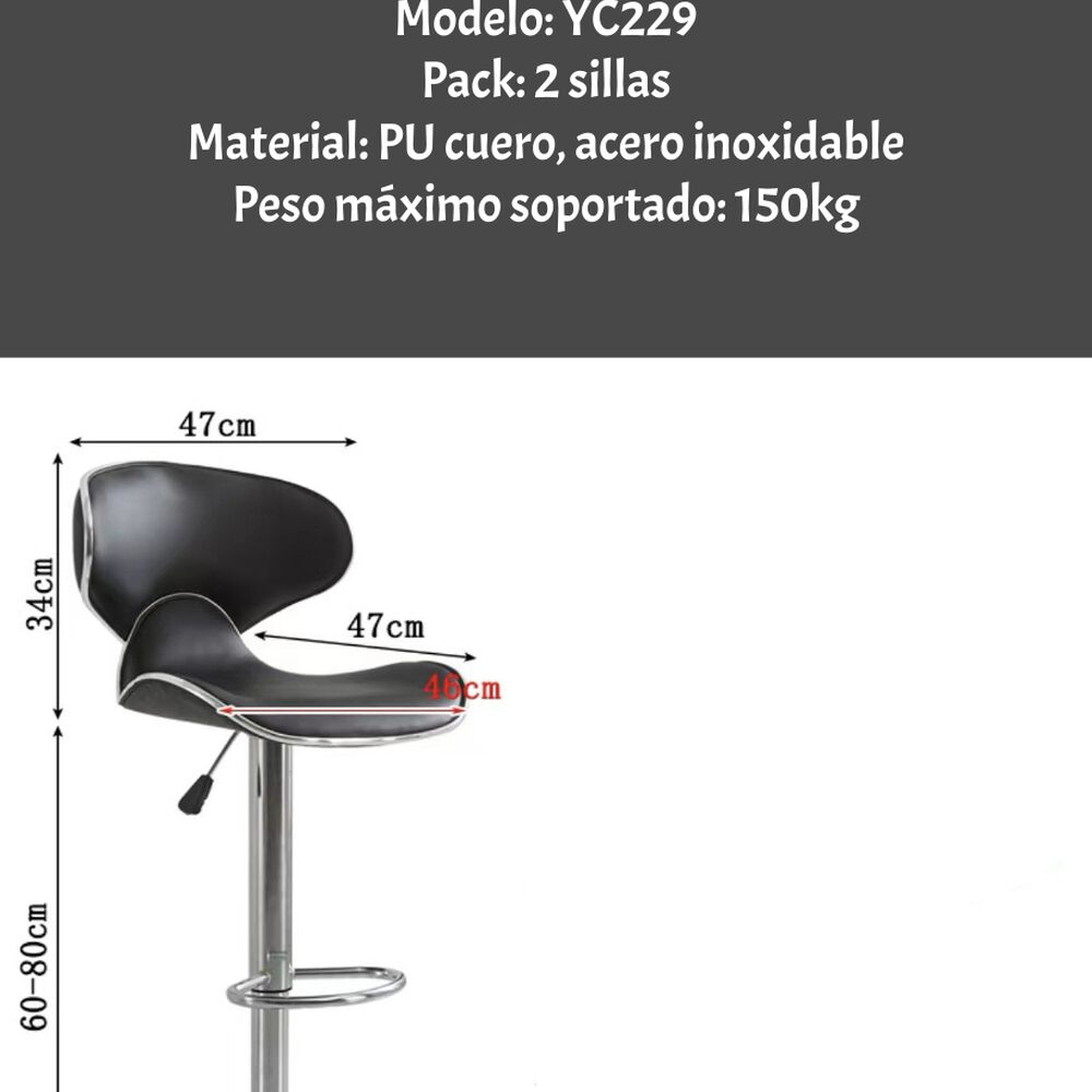 Pack 2 Sillas Piso Bar Premium Negras Altura Regulable Yc229 image number 6.0