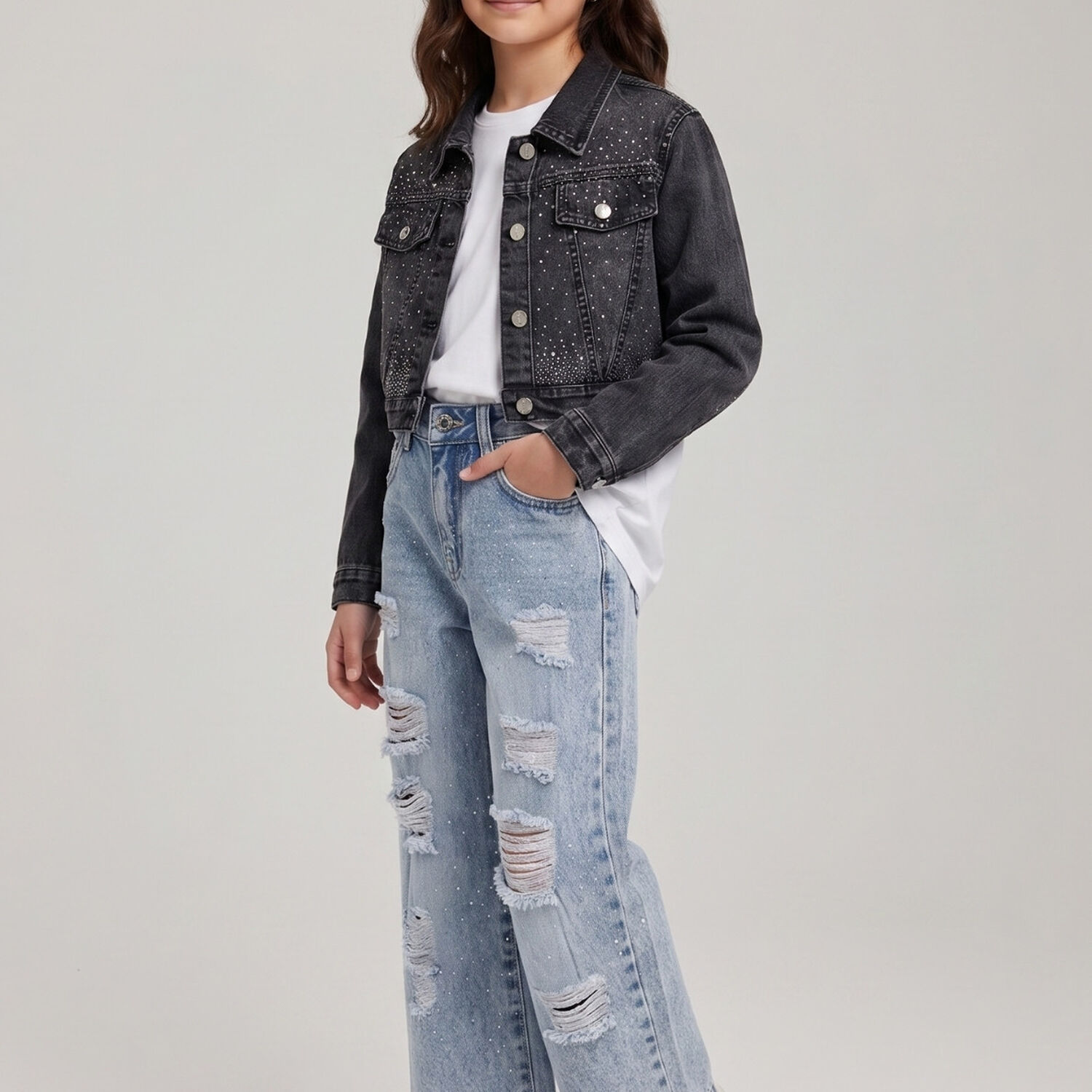 Chaqueta Jeans Con Brillo Ni&ntilde;a Mezclilla Strass Corta image number 0.0