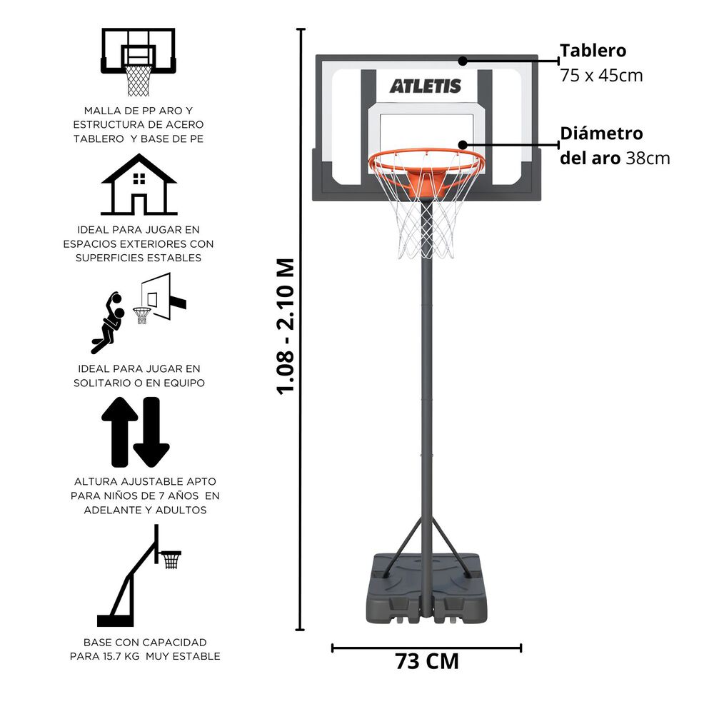 Aro De Básquetbol Ajustable 1.08 M A 2.10 M Arena image number 4.0
