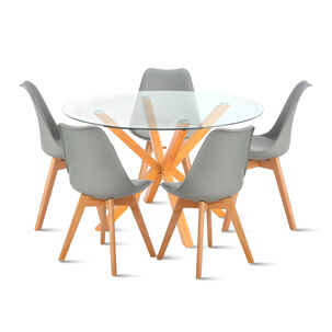 Comedor Redondo De Vidrio Cross 120cm + 5 Silla Tulip Acolchada - Gris