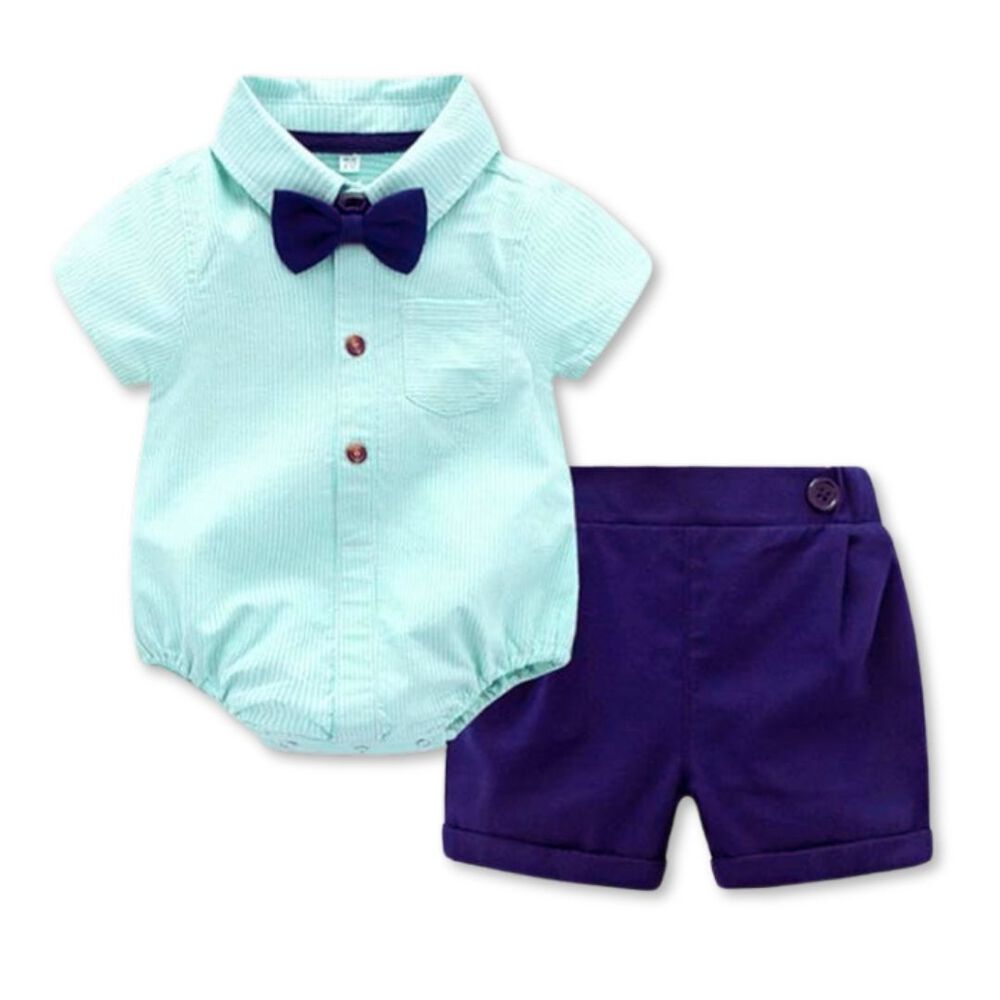 Conjunto De Vestir Ni&ntilde;o Body Estilo Camisa Y Pantal&oacute;n Corto 6 A 24 Meses Rayas Verdes image number 0.0