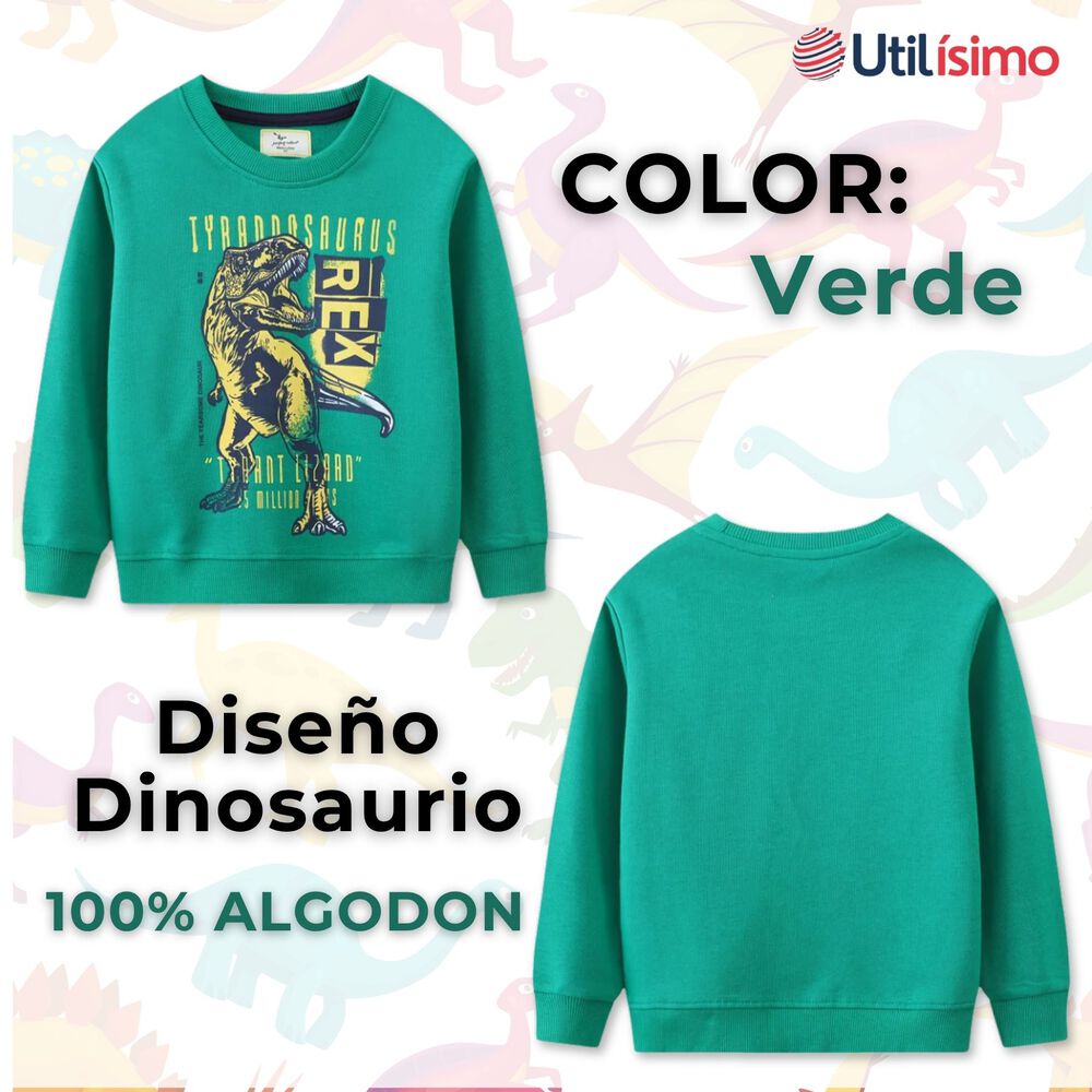 Poler&oacute;n Ni&ntilde;o Manga Larga 100% Algod&oacute;n Verde Dinosaurio image number 1.0