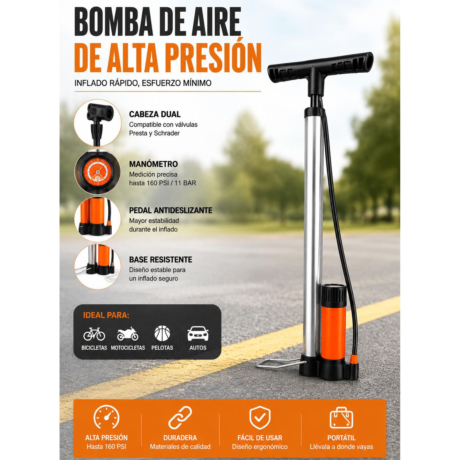 Bomb&iacute;n Bicicleta Profesional Con Man&oacute;metro Inflador Bal&oacute;n image number 9.0