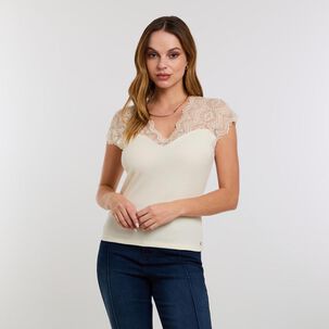 Polera Brib Aplicación Lace Sin Manga Cuello Escotado Mujer Kimera