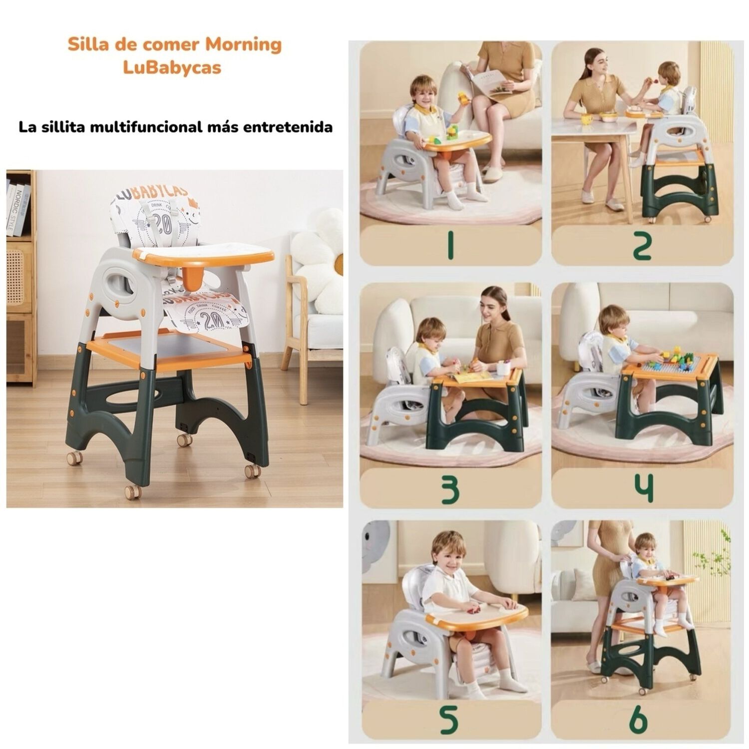 Silla De Comer Multifuncional Con Ruedas Naranja Lubabycas image number 2.0