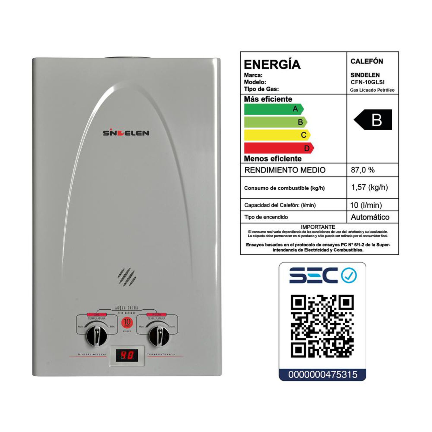 Calefont Sindelen CFN-10GLSI / Tiro Natural / Gas Licuado  / 10 Litros image number 2.0